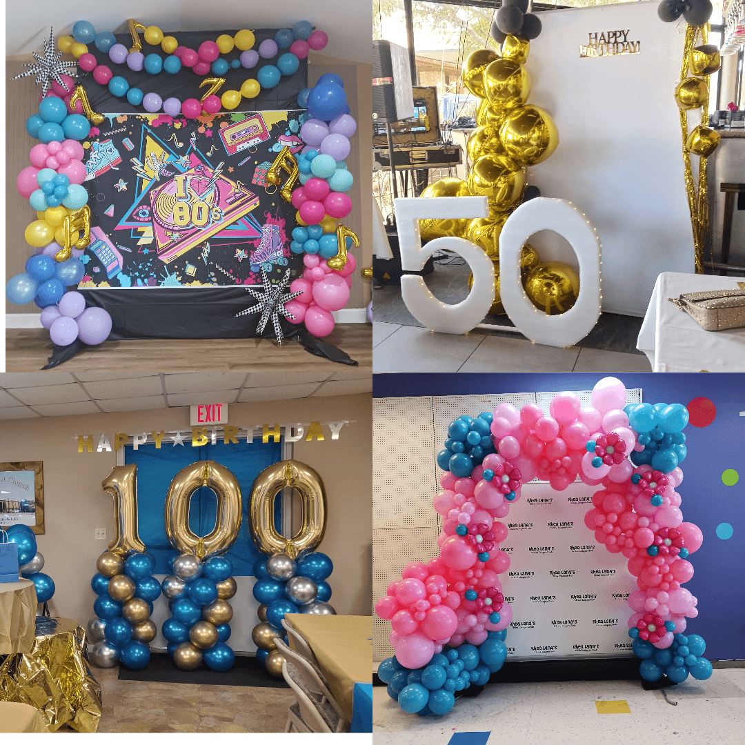 Four birthday decorations: colorful balloon arches, large number balloons, and a decorated backdrop.