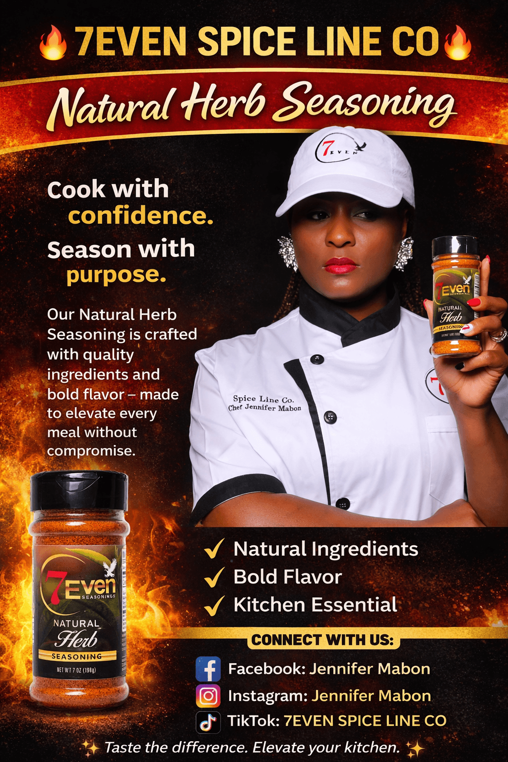 Woman in chef uniform and white cap holding a jar of seasoning, promotional poster for 7Even Spice Line Co. natural herb seasoning.