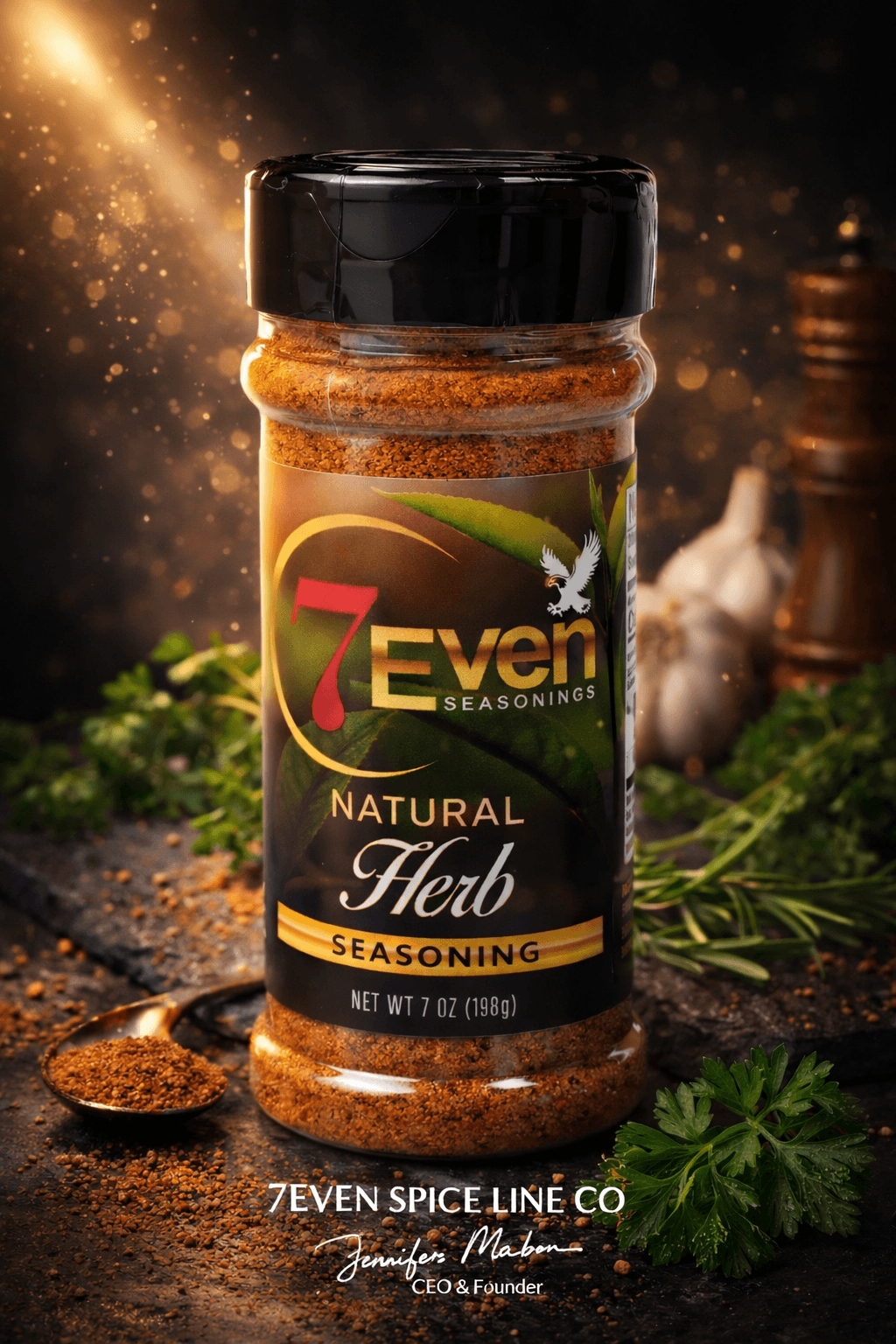 Bottle of 7Seven natural herb seasoning with black cap, label showing brand and product details, on wooden surface with herbs.