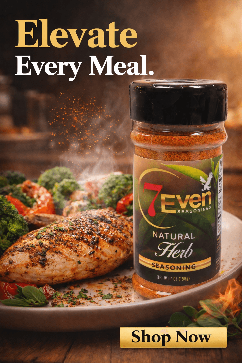 Jar of seasoning with grilled chicken and vegetables on a plate, warm background, promoting meal enhancement.