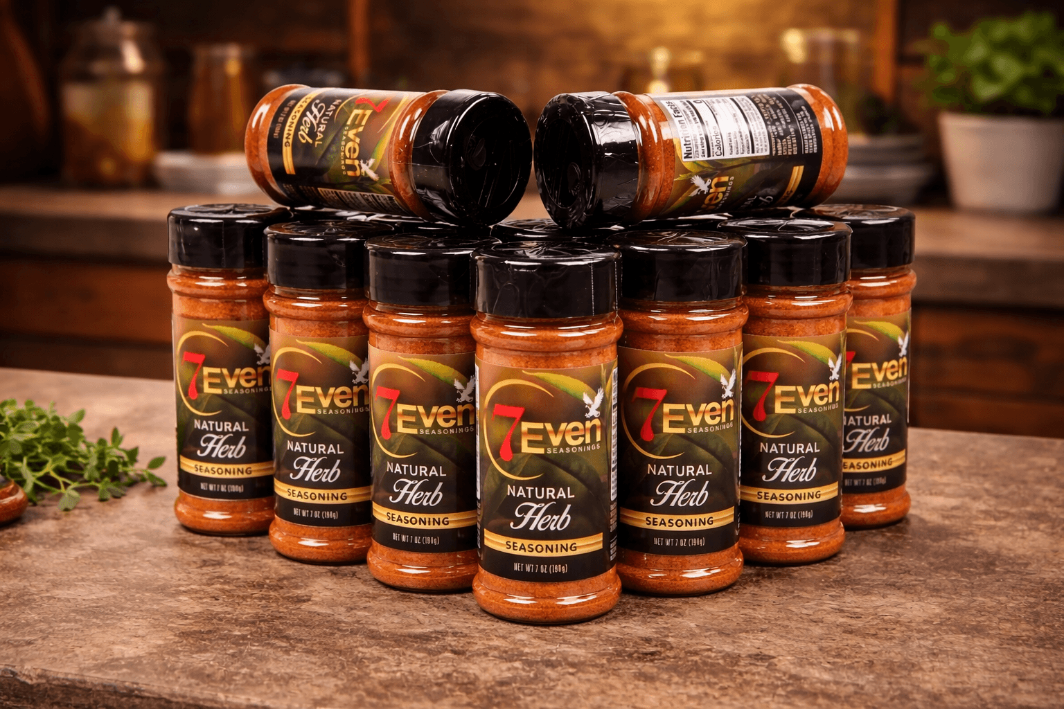 Multiple bottles of herbal supplement capsules arranged on a wooden surface with a blurred kitchen background.