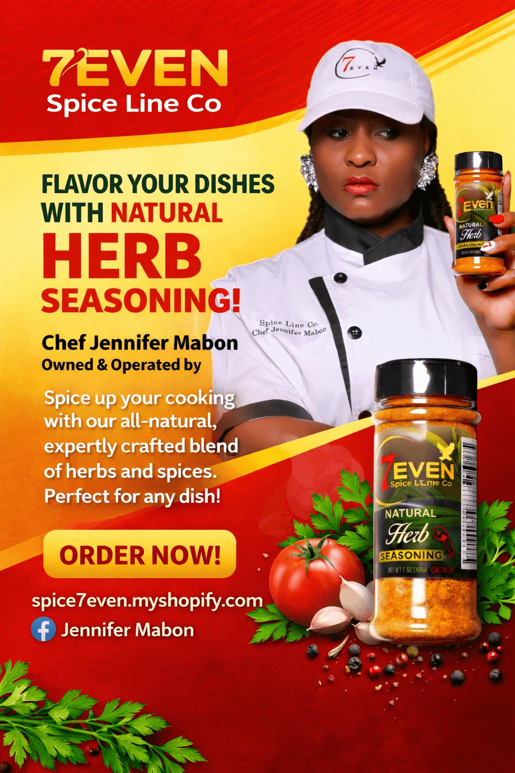 Woman in white chef uniform and cap holding herb seasoning jar, red and yellow background with herbs and tomatoes.