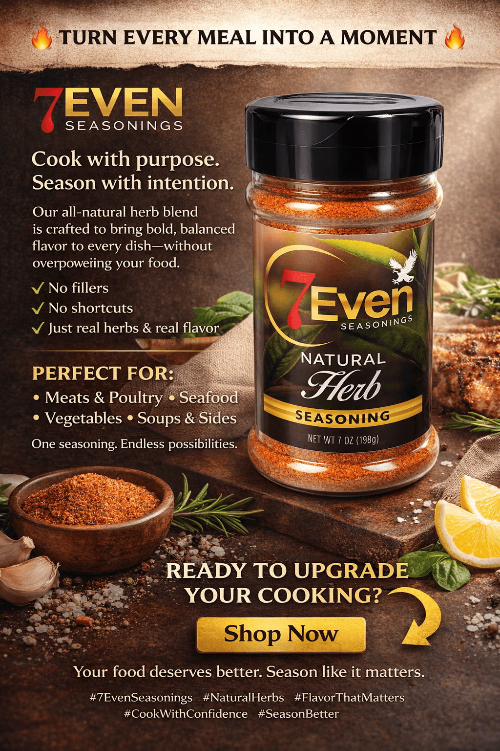 Jar of 7Even Seasonings Natural Herb seasoning with lemon slices and a bowl of spices nearby.