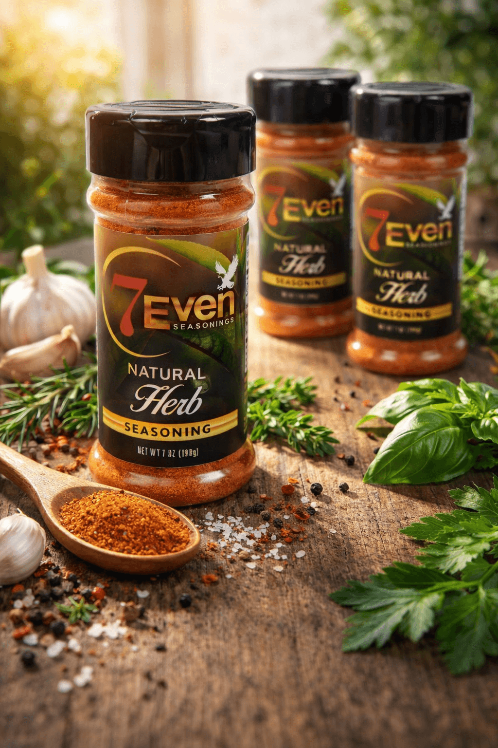 Three jars of Seven Seven natural herb seasoning on a wooden surface with garlic, herbs, and spices.