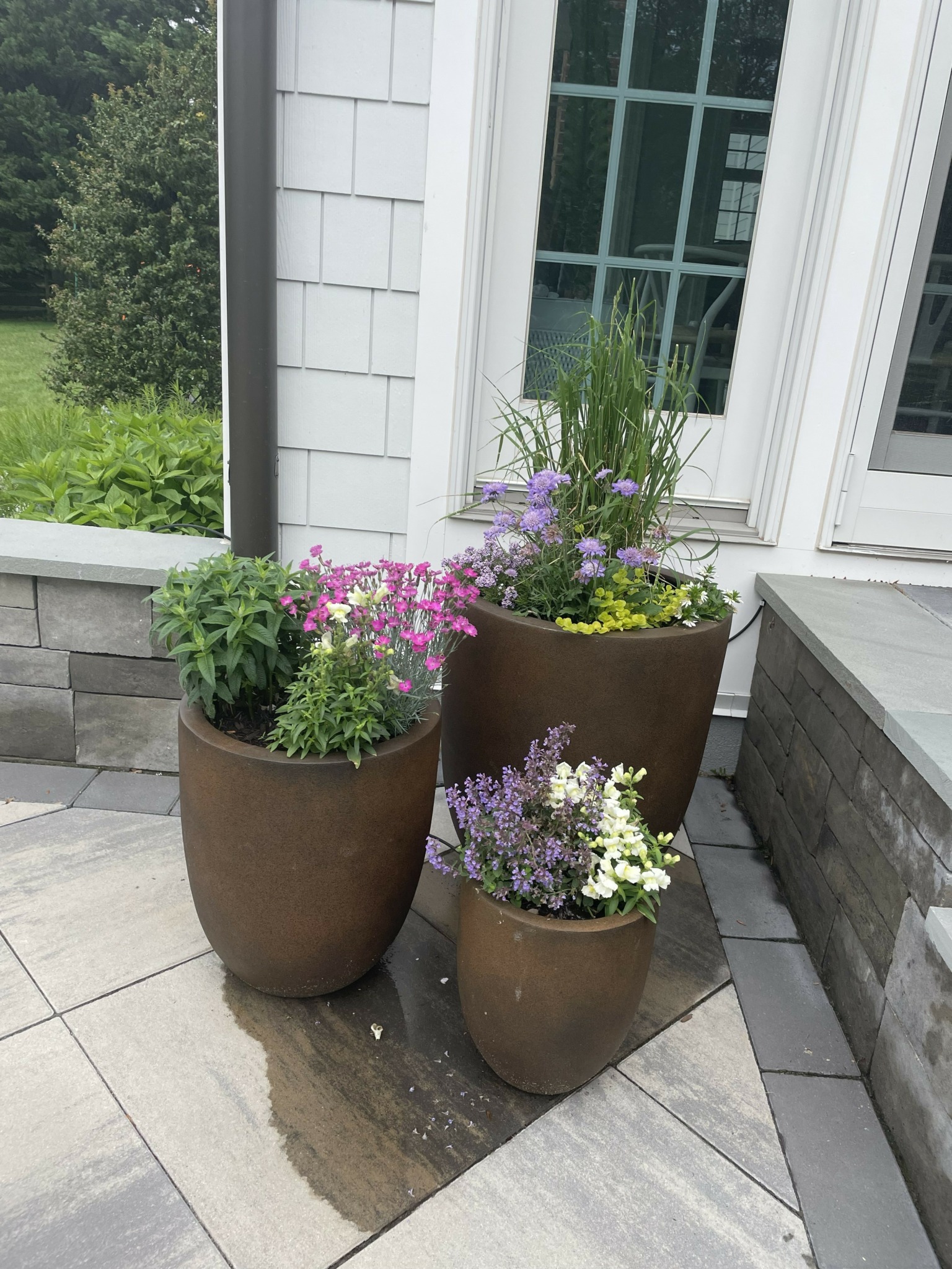 Three brown flower pots with colorful flowers and green plants outside near a house wall and window.