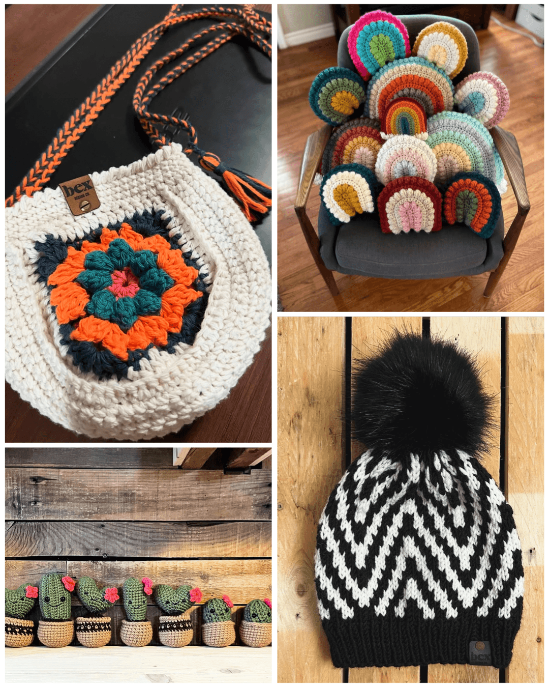 Collection of colorful crocheted items including a round bag, circular coasters, a pom-pom hat, and small potted plant decorations.