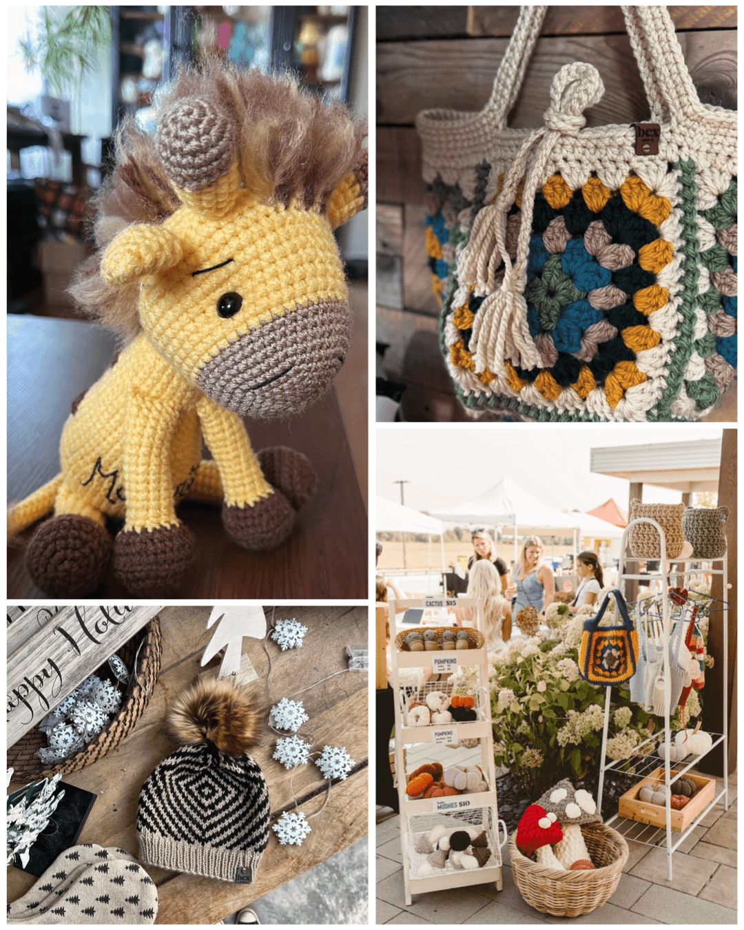 Collage of handmade crochet items including a giraffe plush, bag, hat, and a market stall with various crochet products.