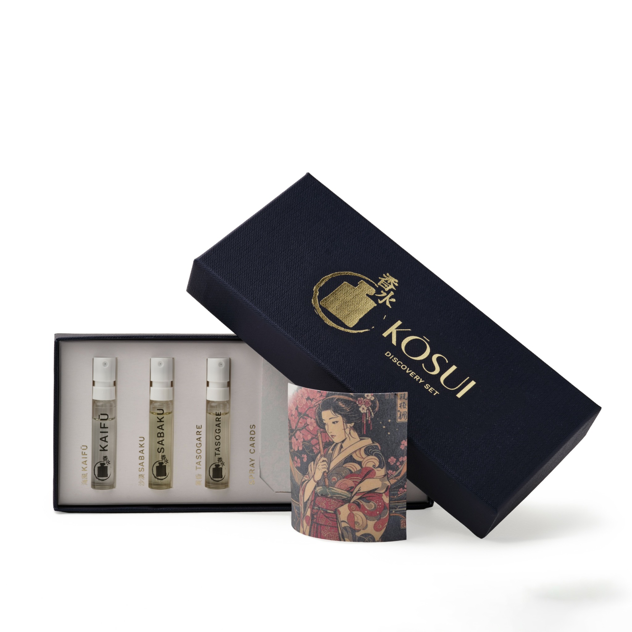 Open box with four small bottles and a card with traditional artwork inside a navy blue box.