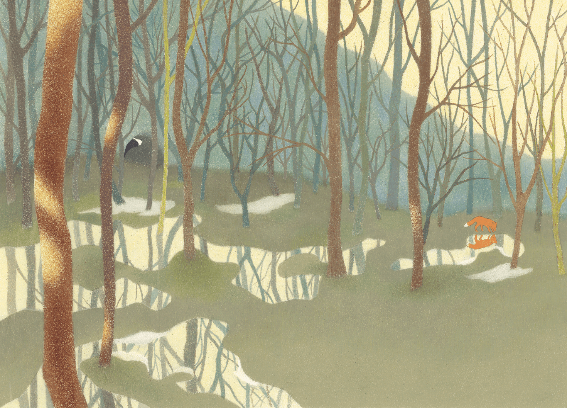 Forest scene with trees, snow patches, and a fox near the right side.