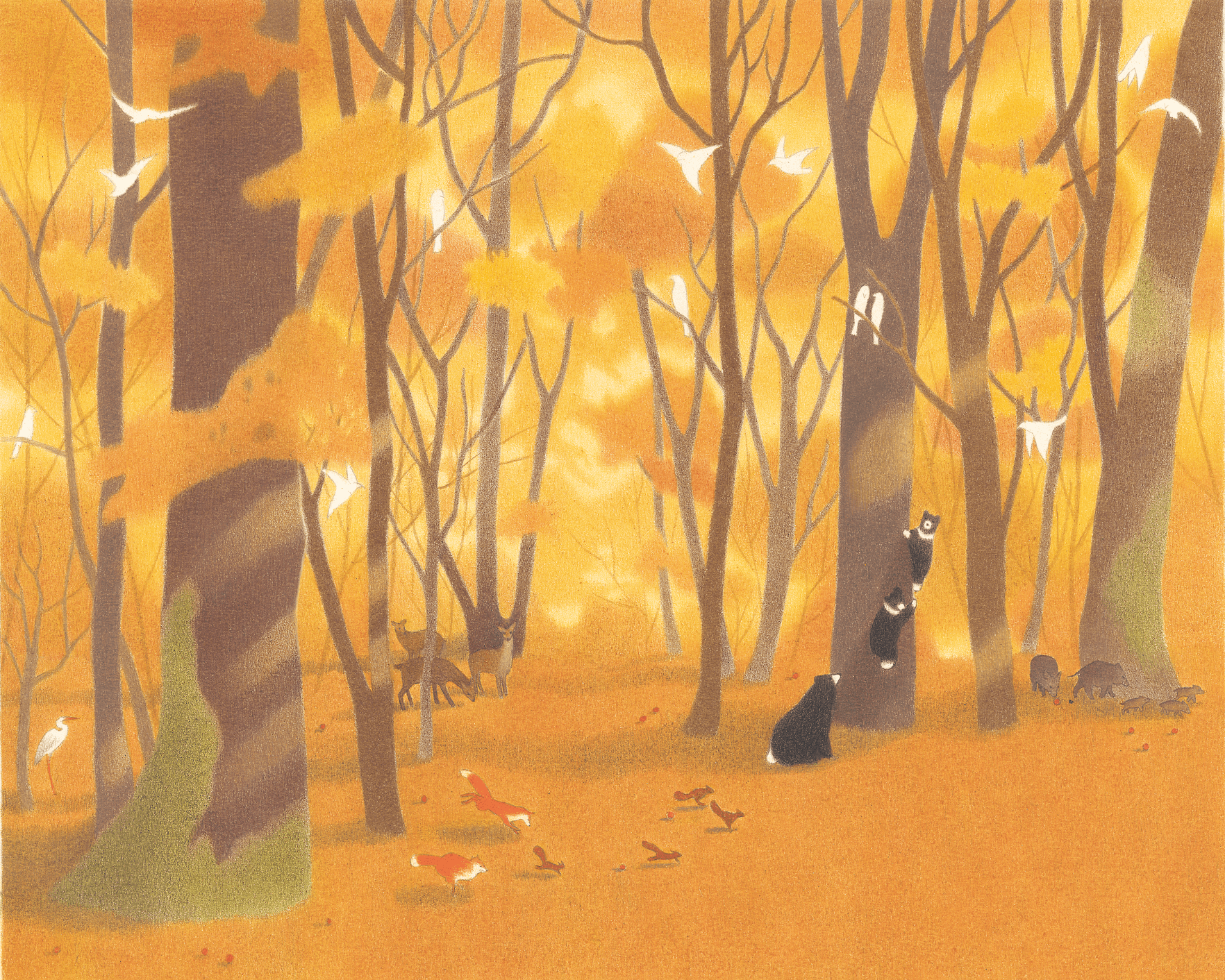 Autumn forest with tall trees, orange leaves, birds flying, and small animals on the ground.