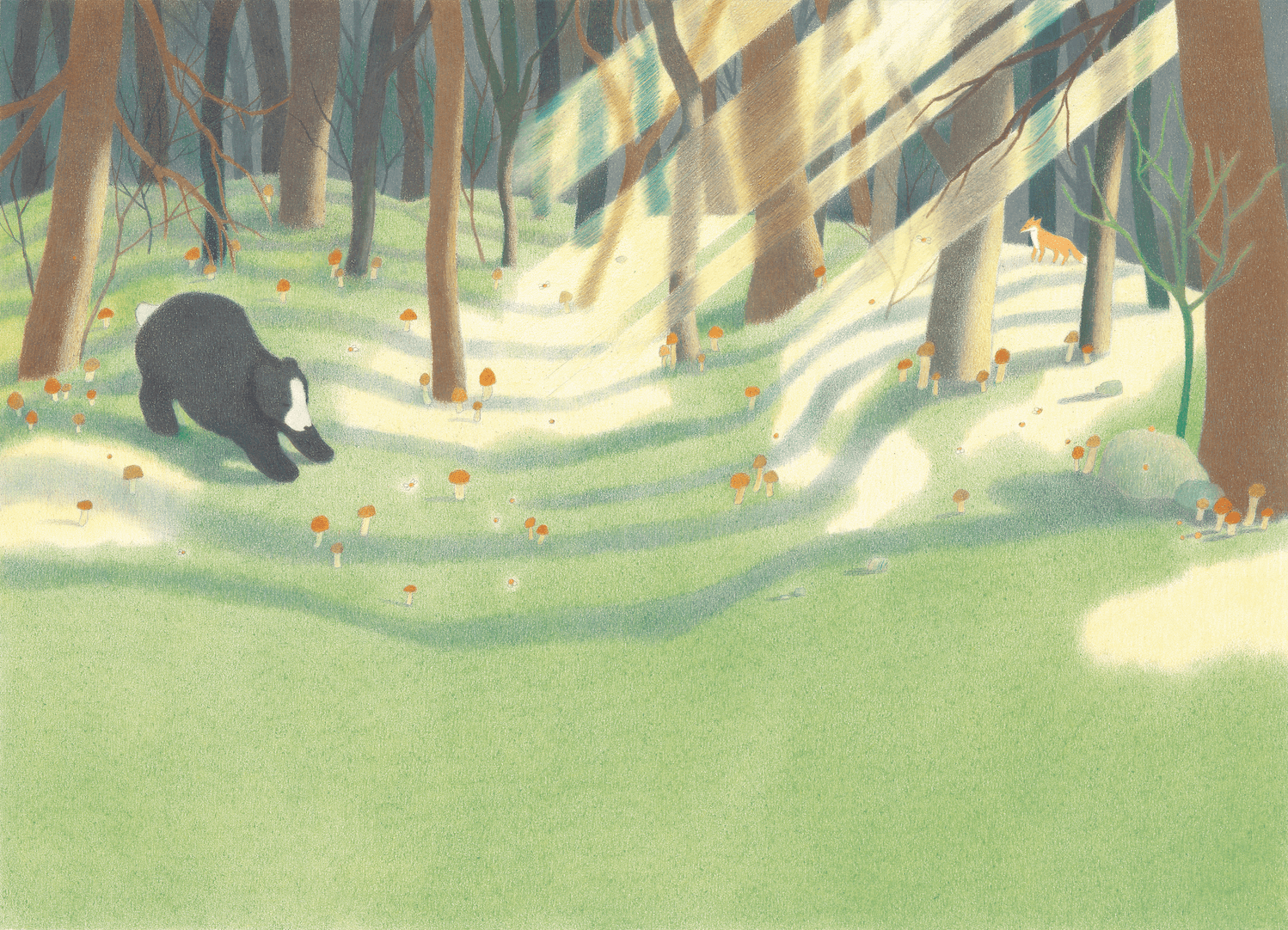 Black bear walking in a snowy forest with trees and sunlight filtering through branches.