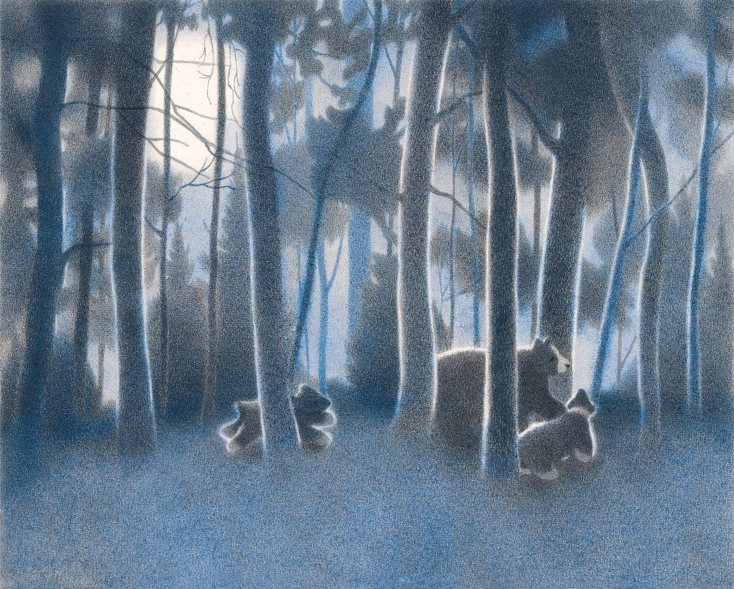 Three bears in a misty forest with tall, thin trees and blue-toned lighting.