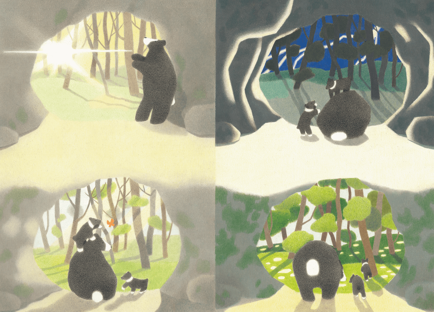 Four illustrations of bears in different forest scenes, including caves, trees, and grassy areas.