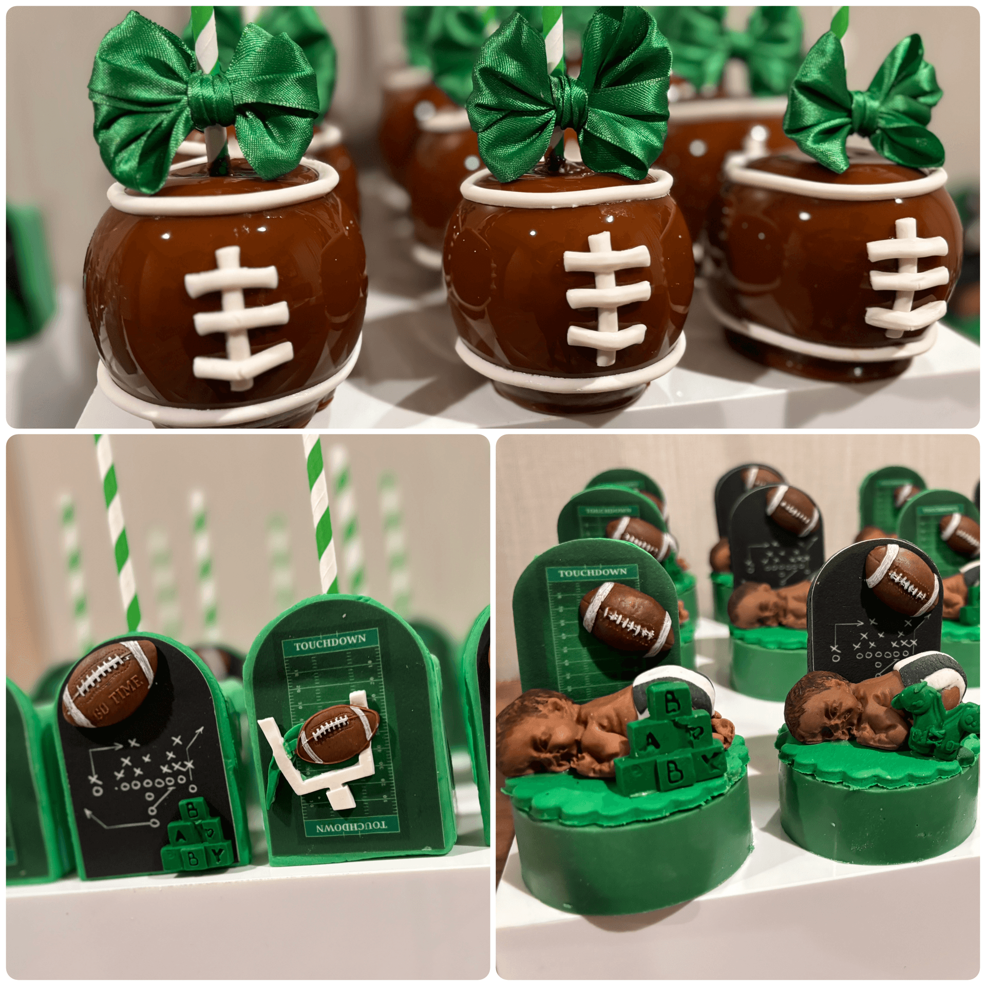 Decorative football-themed treats with green bows, striped straws, and cupcakes with football toppers.