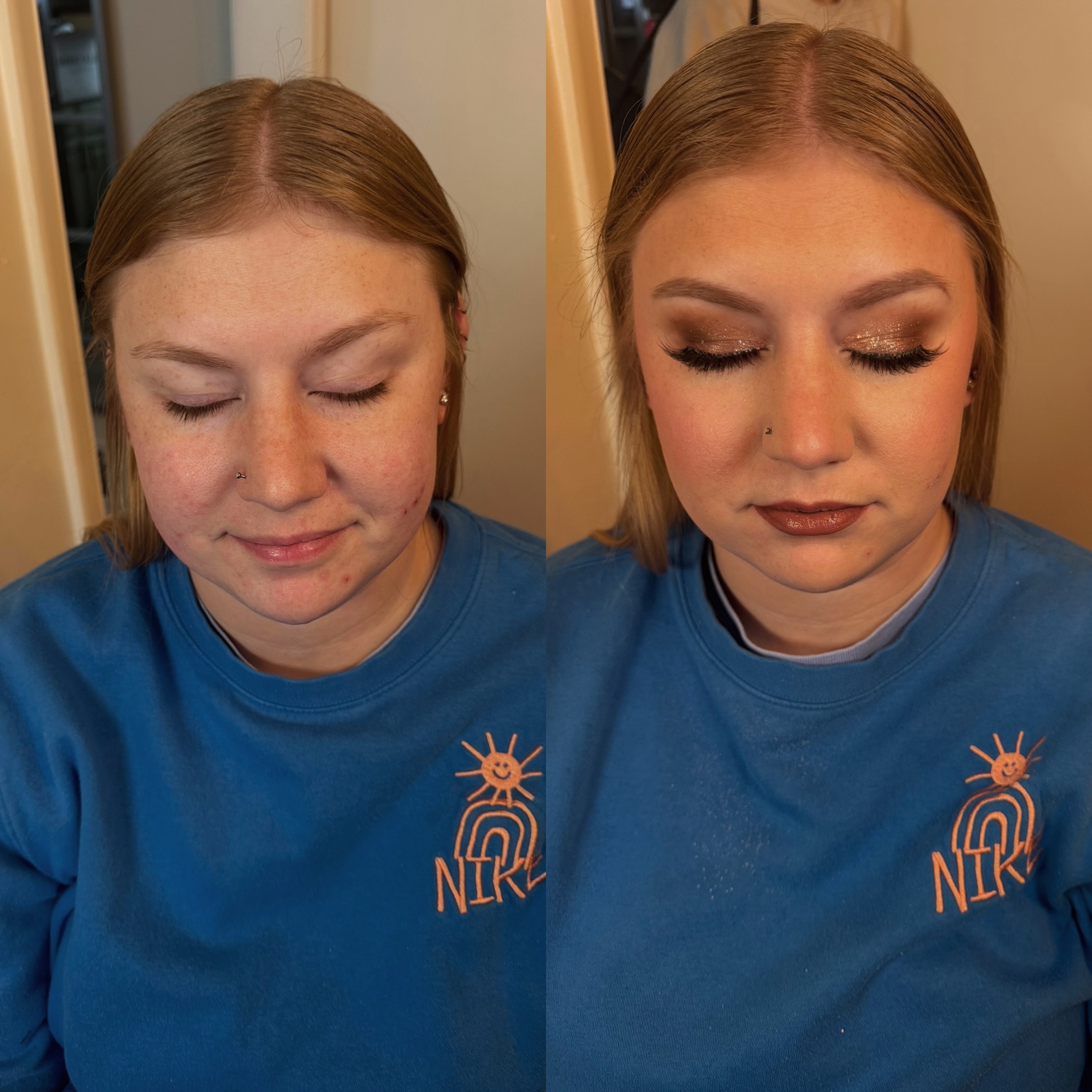 Side-by-side images of a woman with makeup, before and after application, wearing a blue shirt with a logo.