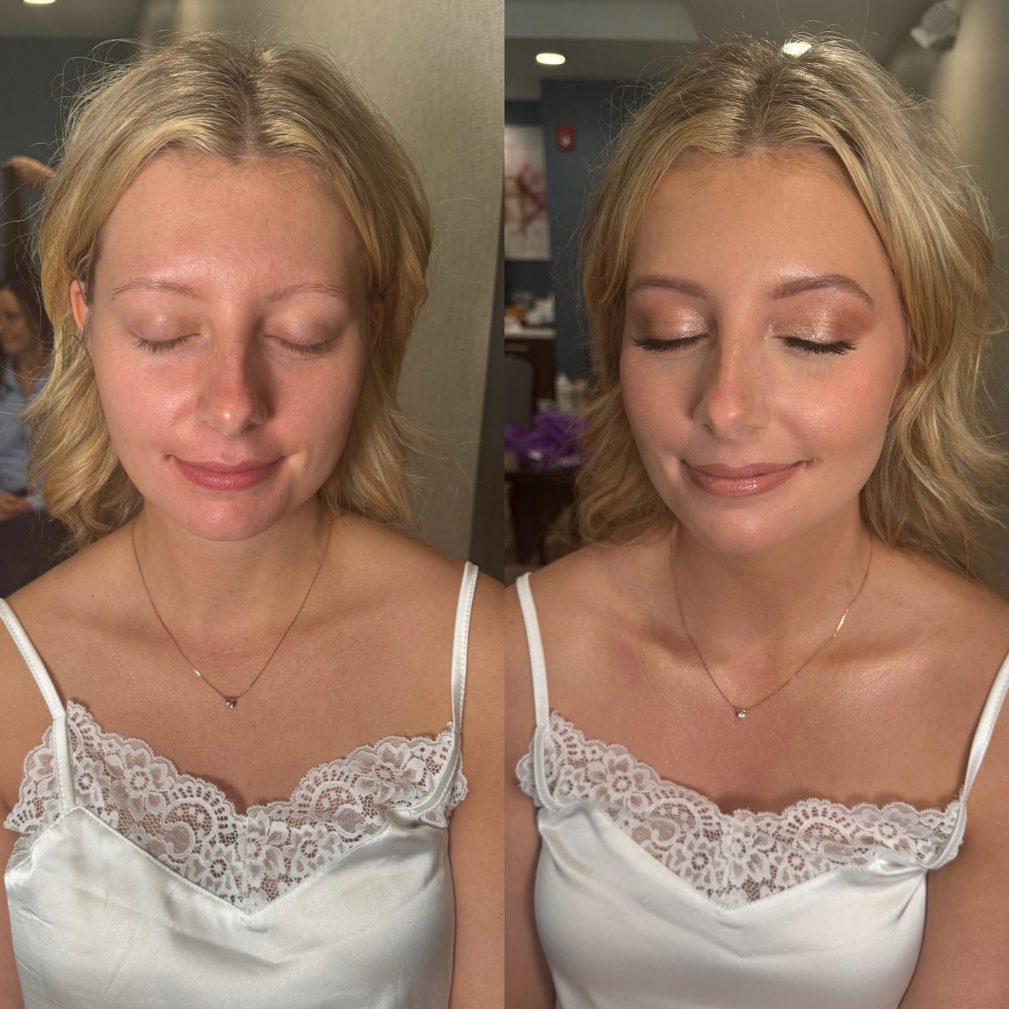 Side-by-side images of a woman with blonde hair, before and after makeup, wearing a white lace top and necklace.