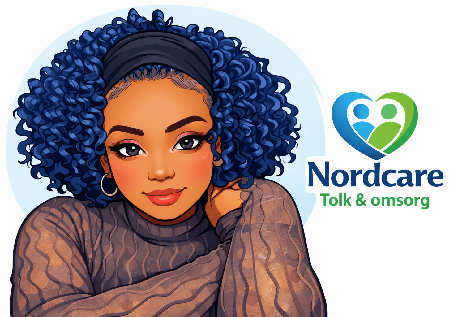 Illustration of a woman with curly blue hair, wearing a dark headband and sweater, next to Nordcare logo.