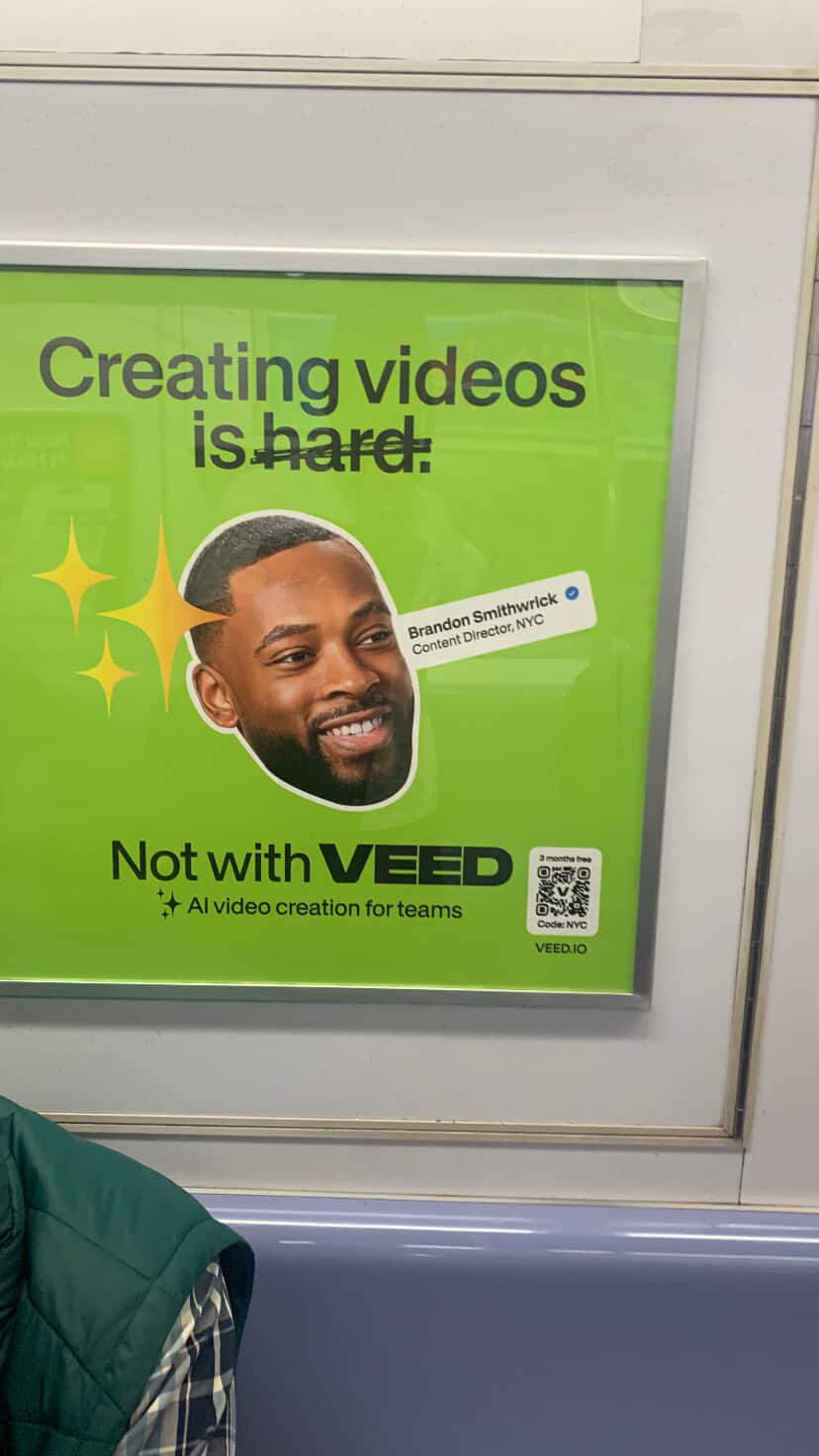 Advertisement with a smiling man's face, green background, and text about creating videos and VEED platform.