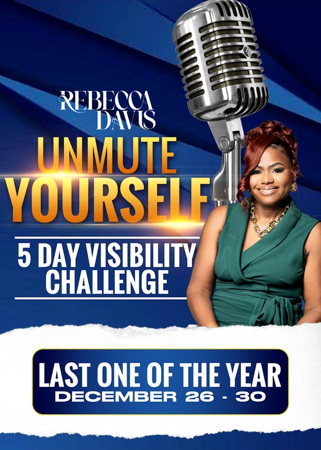 Promotional poster with a woman in a green dress, large microphone, and text about a challenge and event dates.