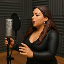 Woman singing into a microphone in a recording studio with soundproofing panels.