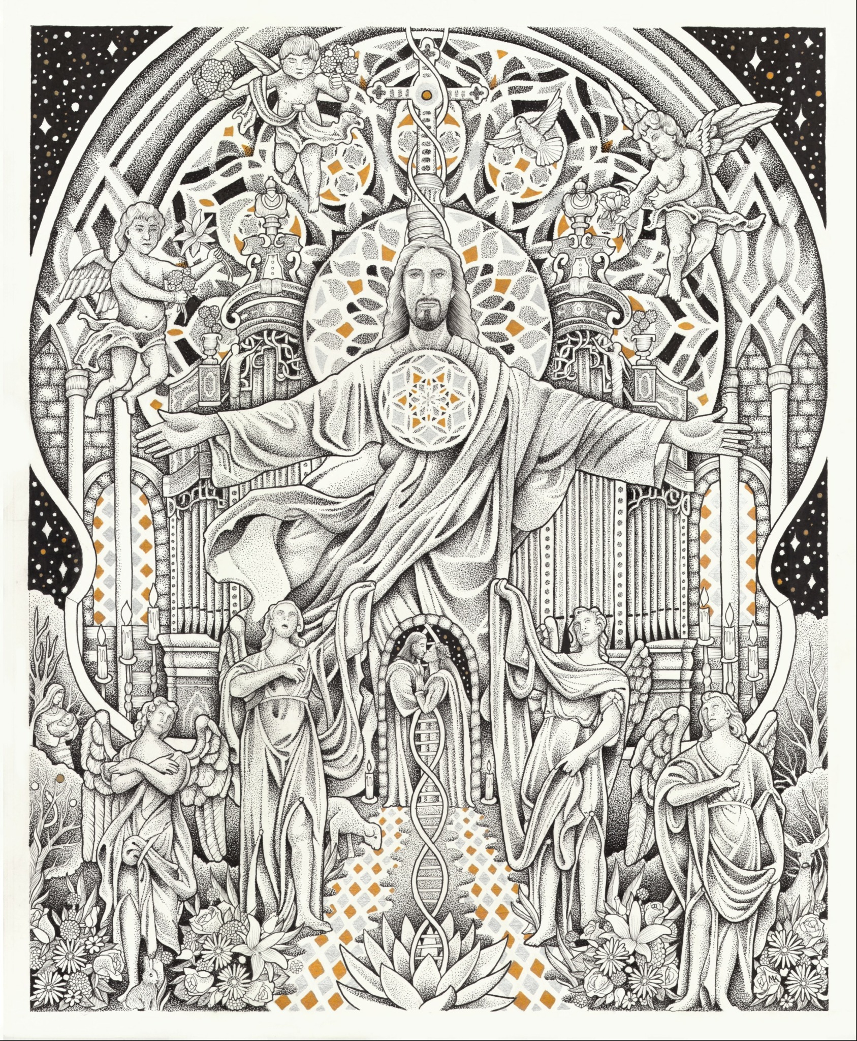 Intricate black and white religious artwork depicting a central figure with outstretched arms, surrounded by angels and ornate patterns.