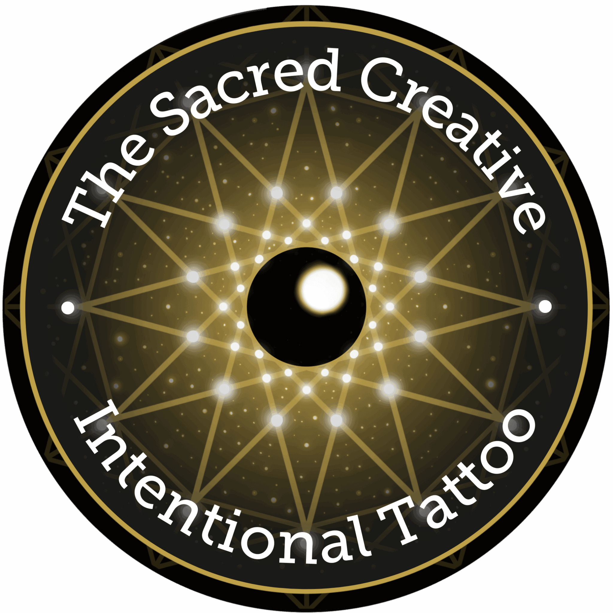 Circular logo with gold starburst pattern and black center, text reads 'The Sacred Creative Intentional Tattoo'.