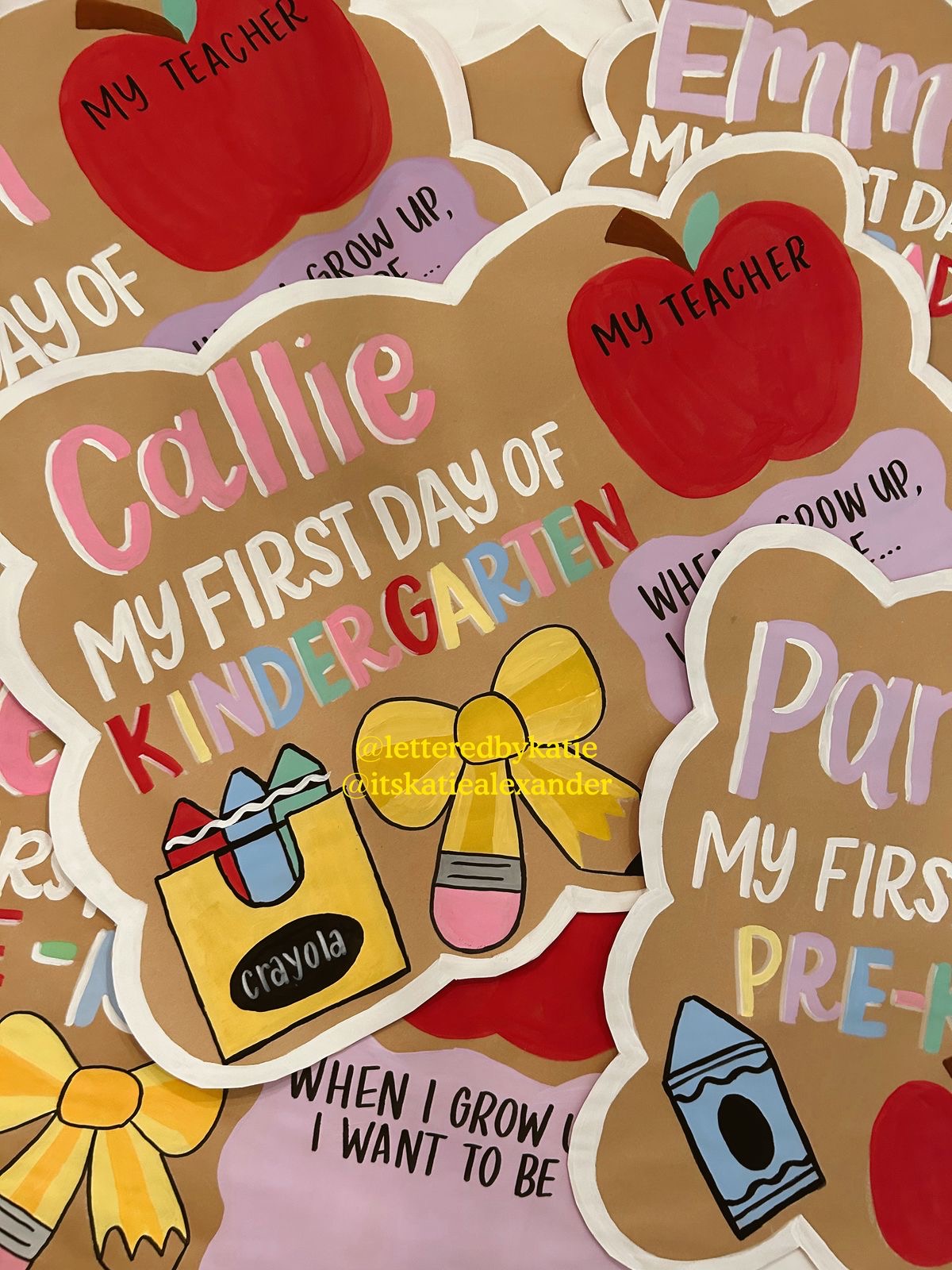 Collection of colorful stickers with messages for a child's first day of kindergarten, including apples, crayons, and a backpack.