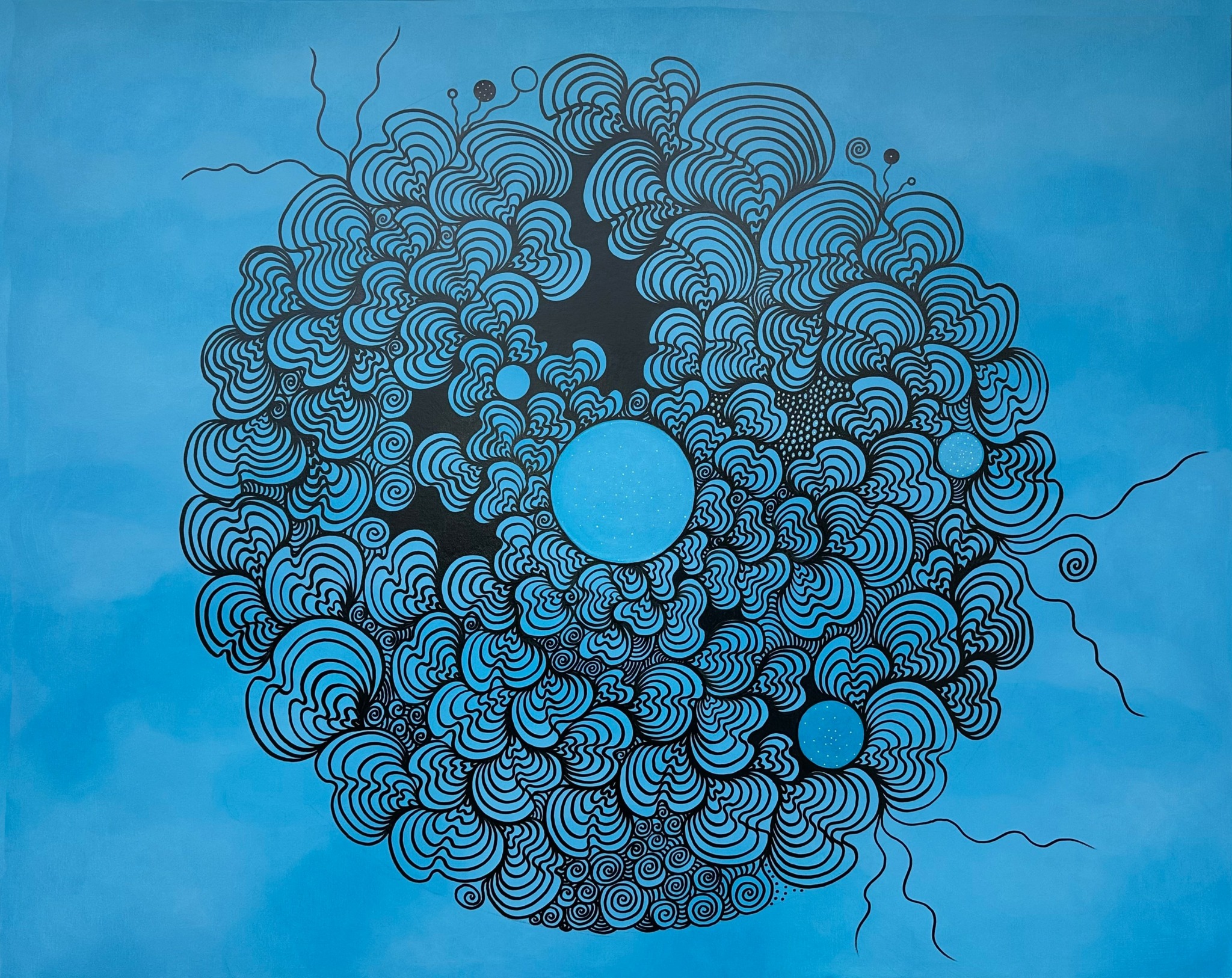 Black circular pattern with concentric and spiral shapes on blue background.