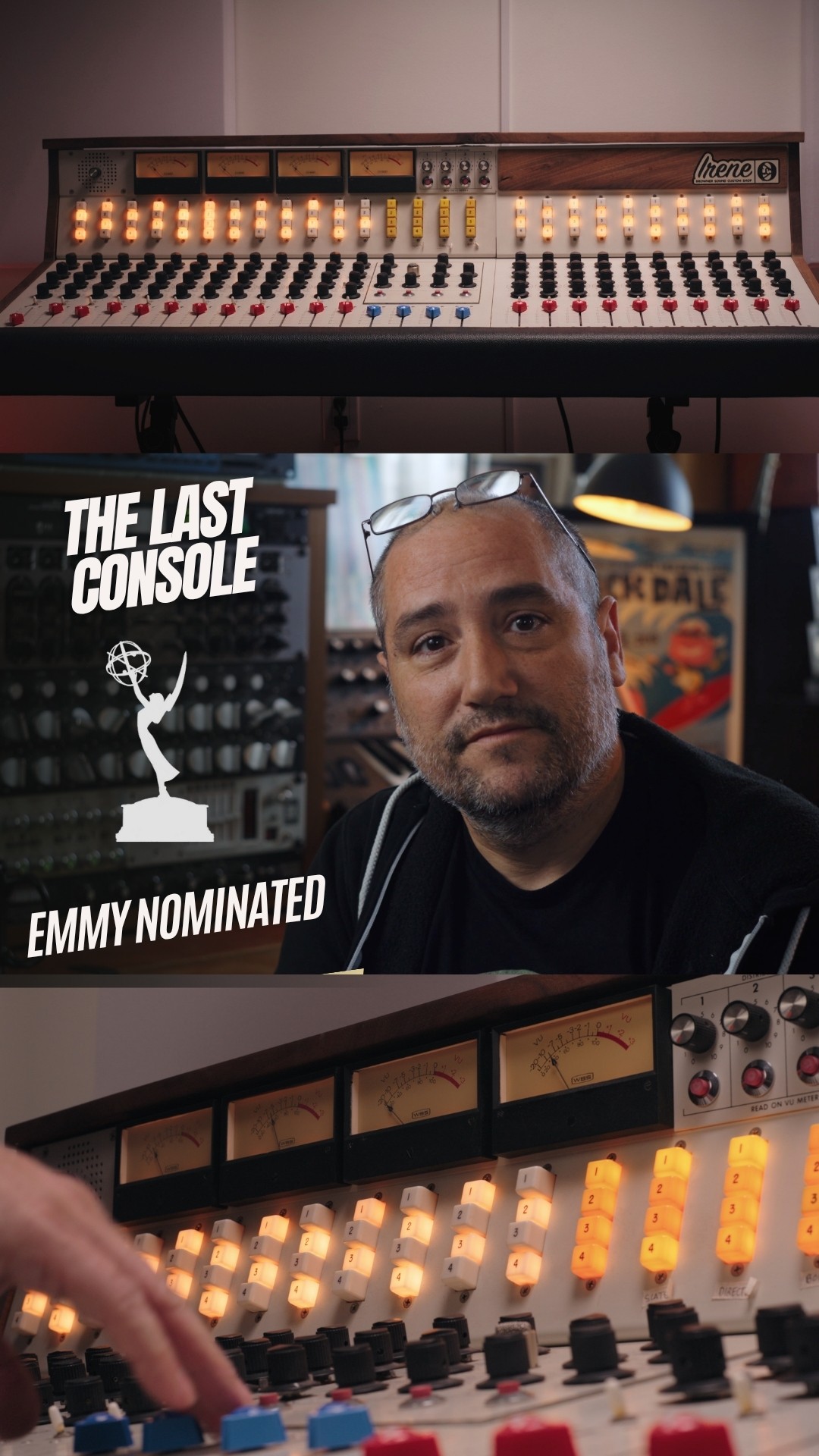 Close-up of a mixing console with illuminated controls and a person adjusting knobs, background shows a person and a poster.