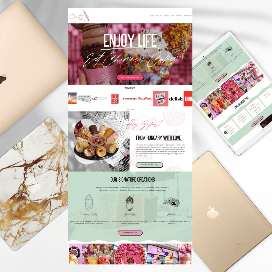 A digital flyer with floral images, desserts, and signature creations, promoting enjoying life and celebrating with love.