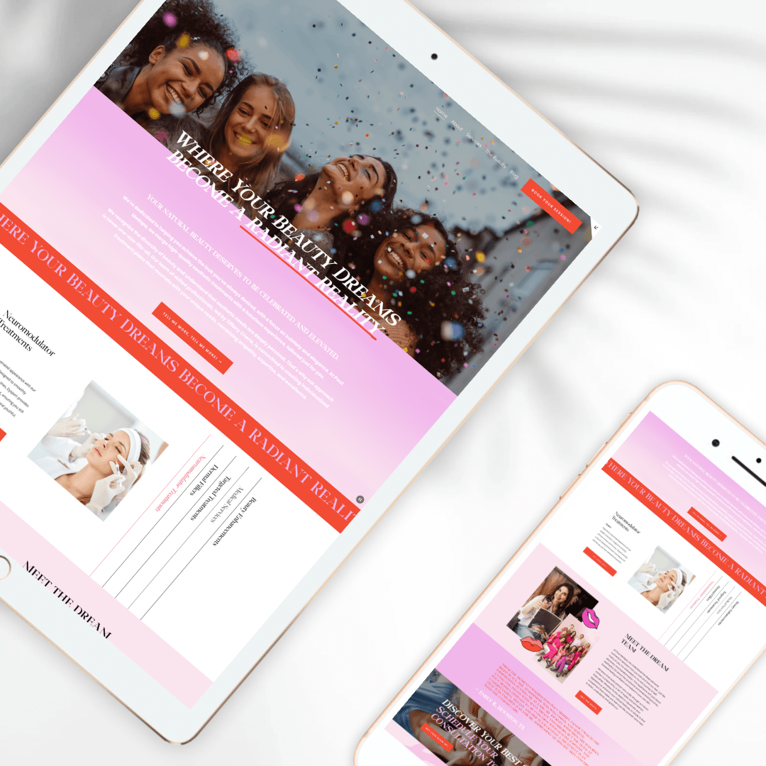 Tablet and smartphone displaying a website with a group of smiling people and pink-themed design.