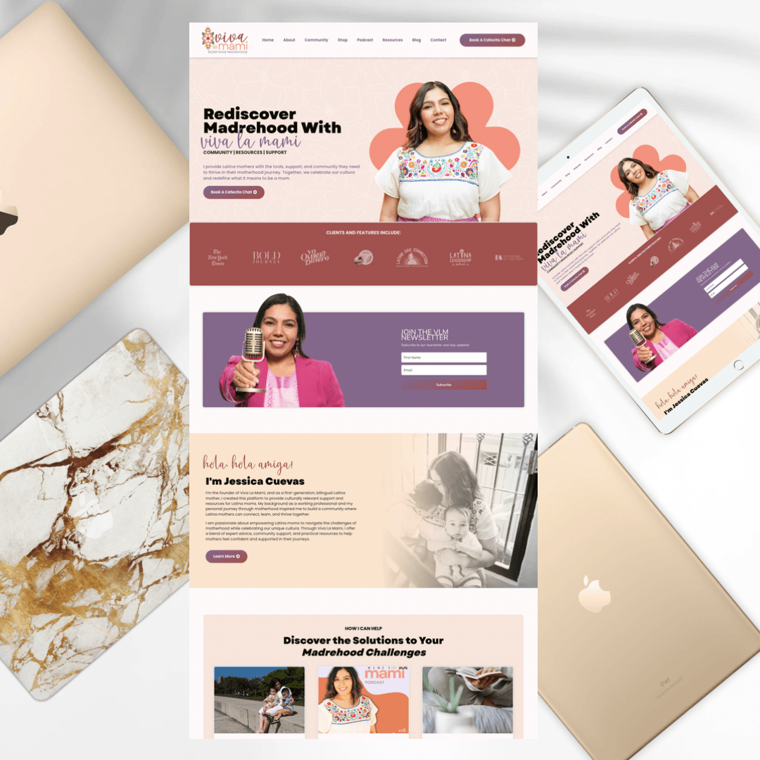 Website homepage with a woman holding a drink, pink and purple color scheme, and various sections about motherhood solutions.