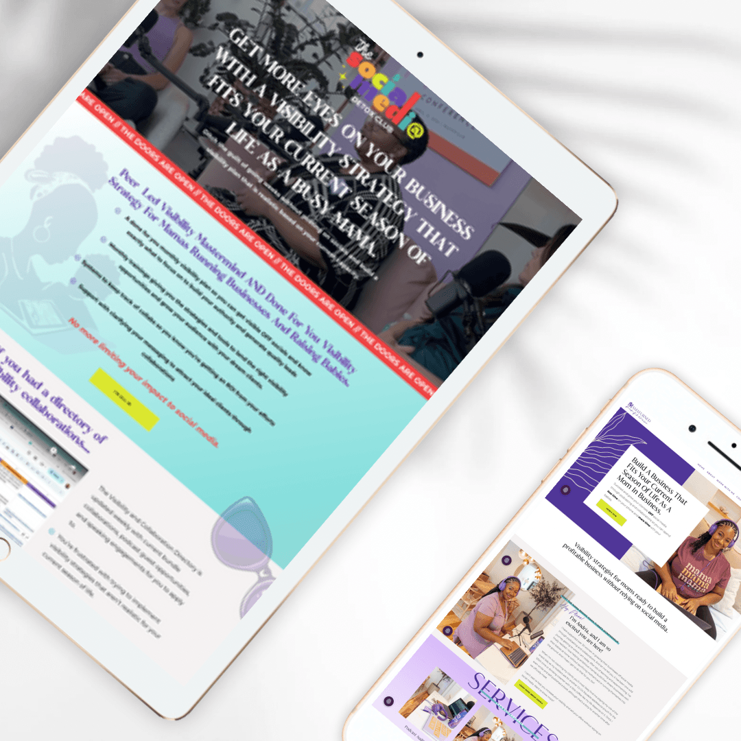 Two tablets displaying colorful websites on a white surface.