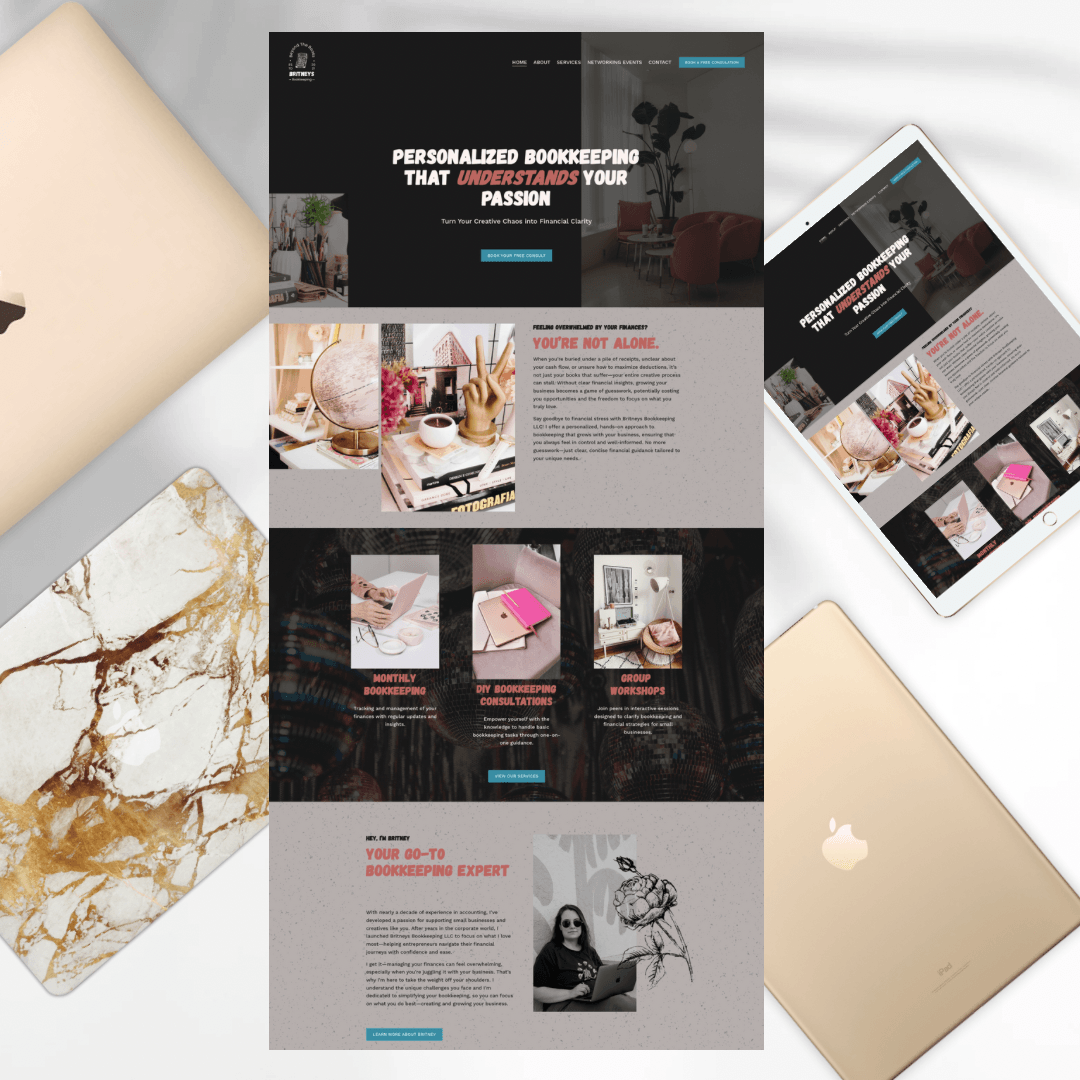 Website homepage with images and text about personalized bookkeeping services, displayed on a tablet and surrounded by notebooks and a marble-patterned device.