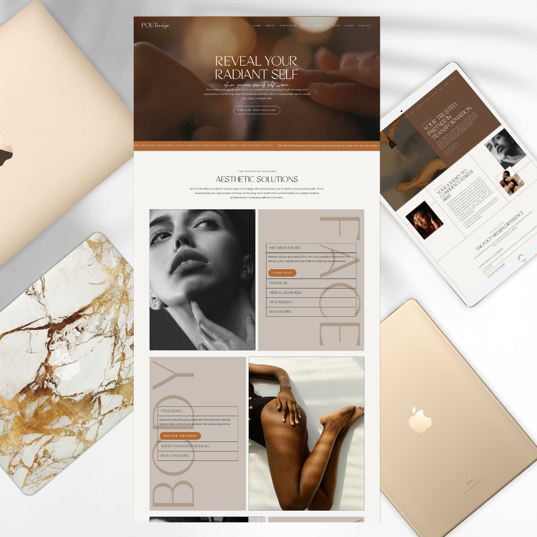 A vertical brochure with black and white images of a woman's face and hand, and text about radiant self and beauty.