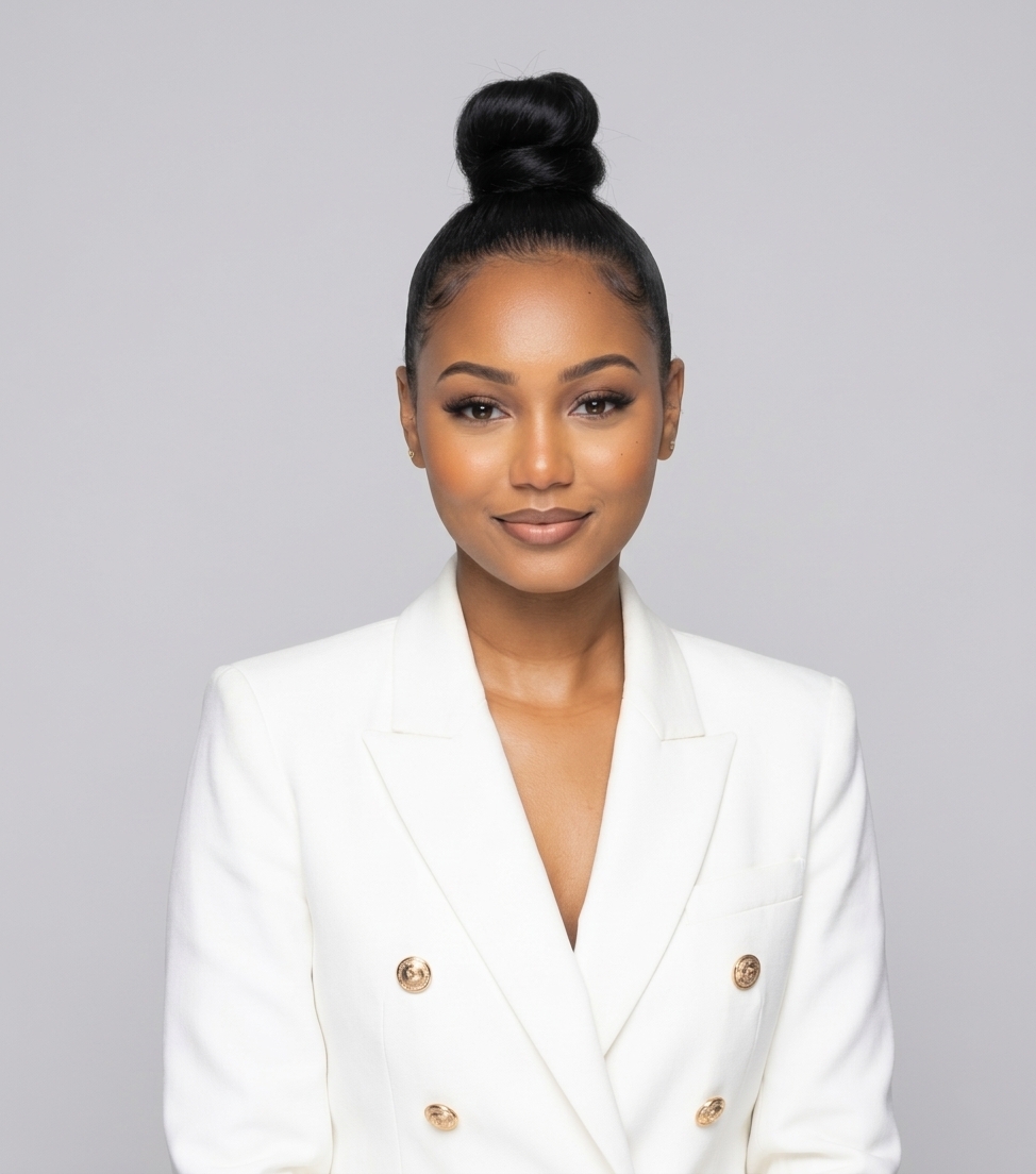 Woman with hair in a high bun wearing a white blazer, smiling softly, against a plain gray background.