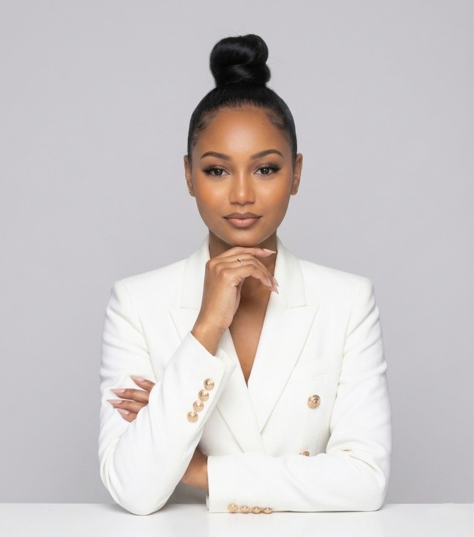 Woman with dark hair in a high bun, wearing a white blazer, resting chin on hand, neutral background.