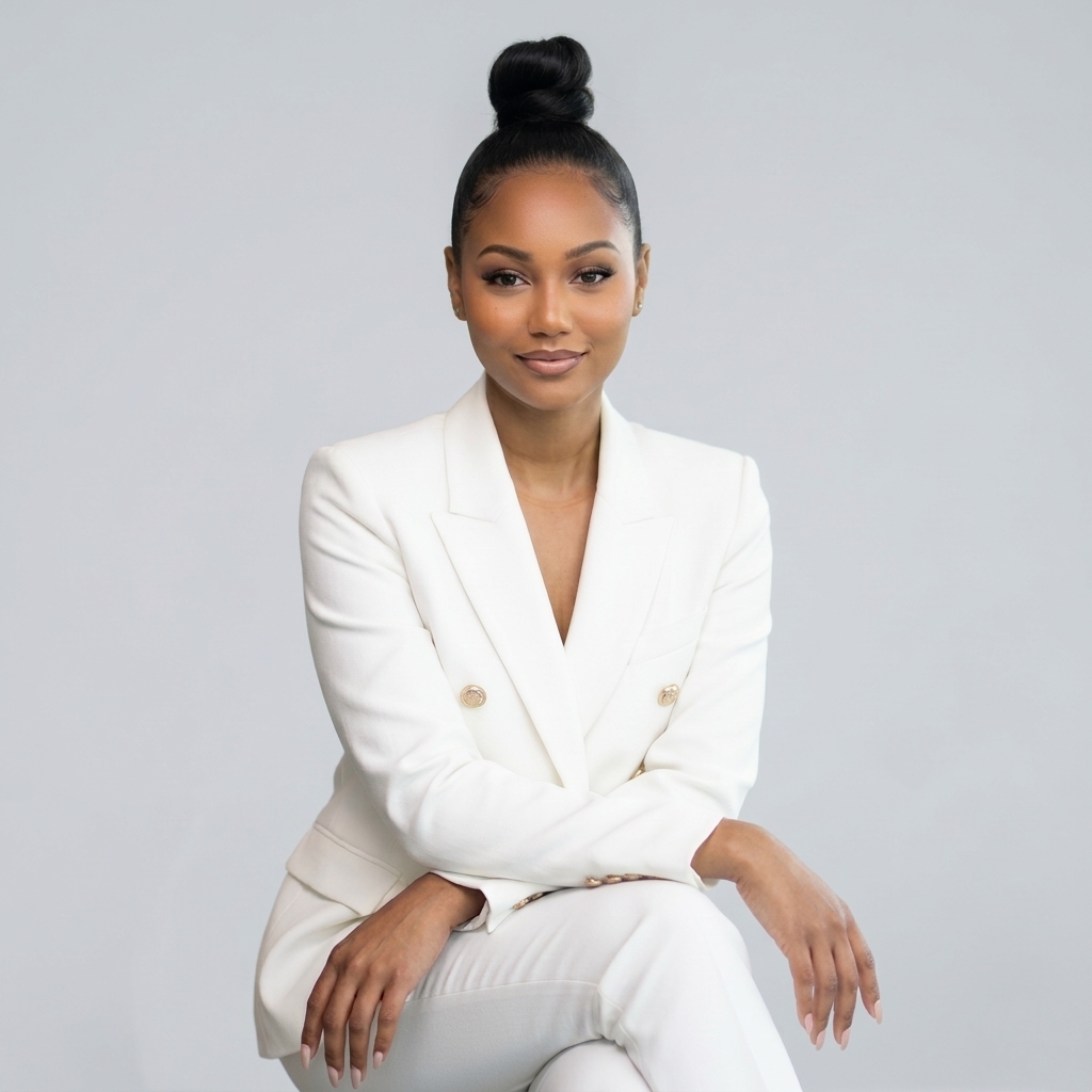 Woman in white suit with hair in a bun, sitting with crossed arms, smiling, against a plain background.