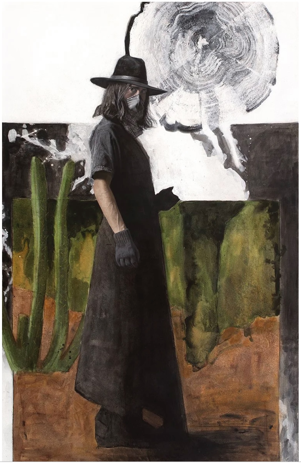 Person wearing a wide-brimmed hat and dark clothing standing in front of abstract landscape painting.