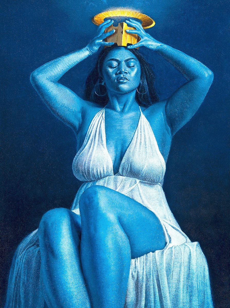 Woman with closed eyes, wearing a white dress, holding a glowing object above her head, seated with crossed legs.