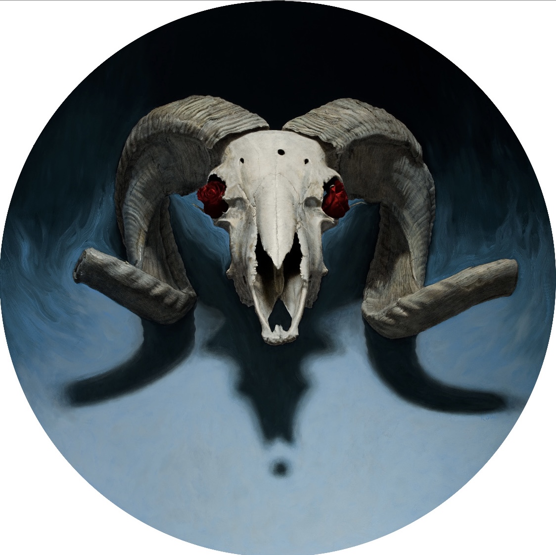 Ram skull with large curved horns, red flowers on the skull, dark background, circular composition.