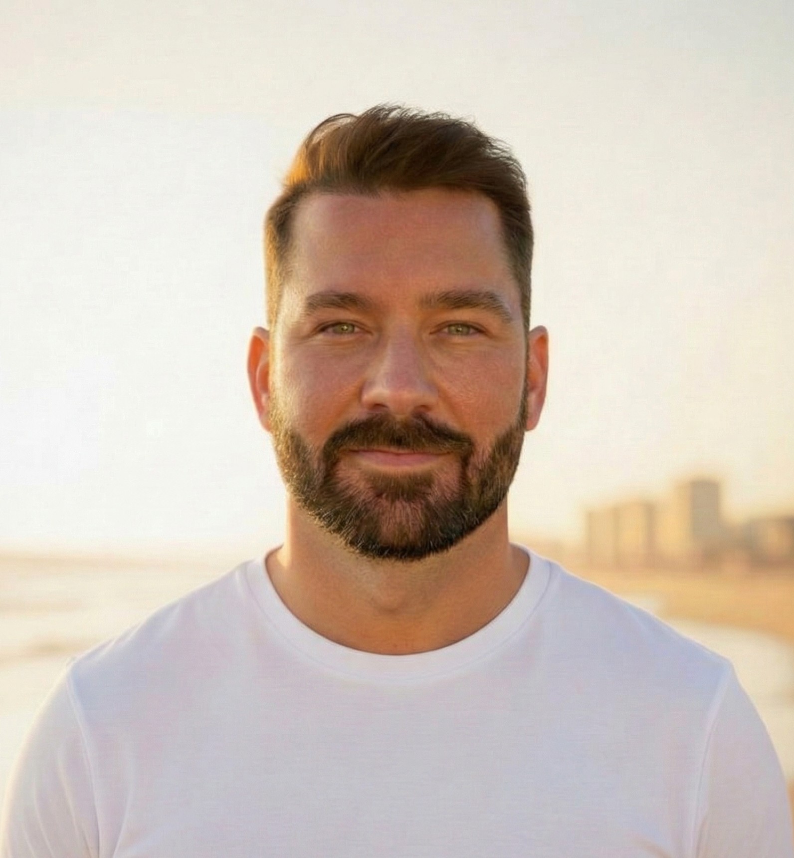 Man with short dark hair and beard smiling outdoors during sunset, wearing a white shirt.