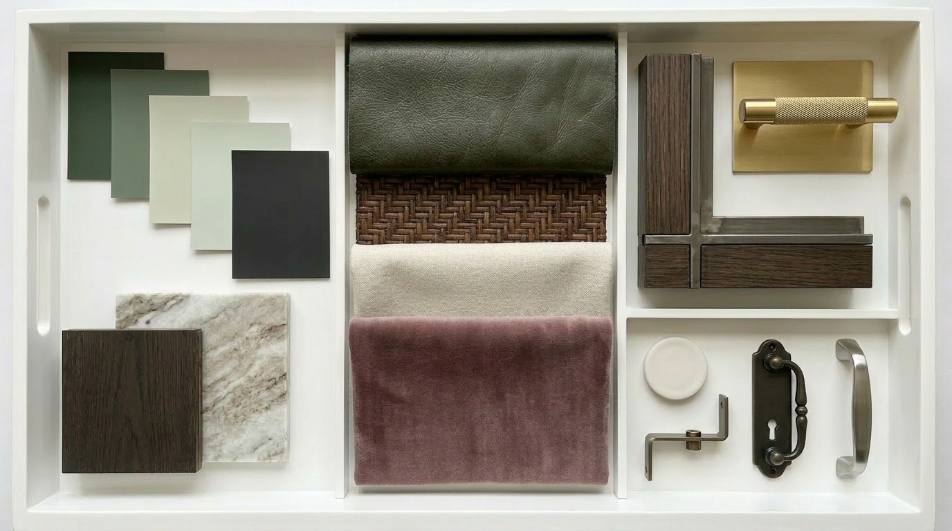 Collection of fabric and material samples, including green, black, brown, beige, marble, and metal pieces, arranged in a tray.
