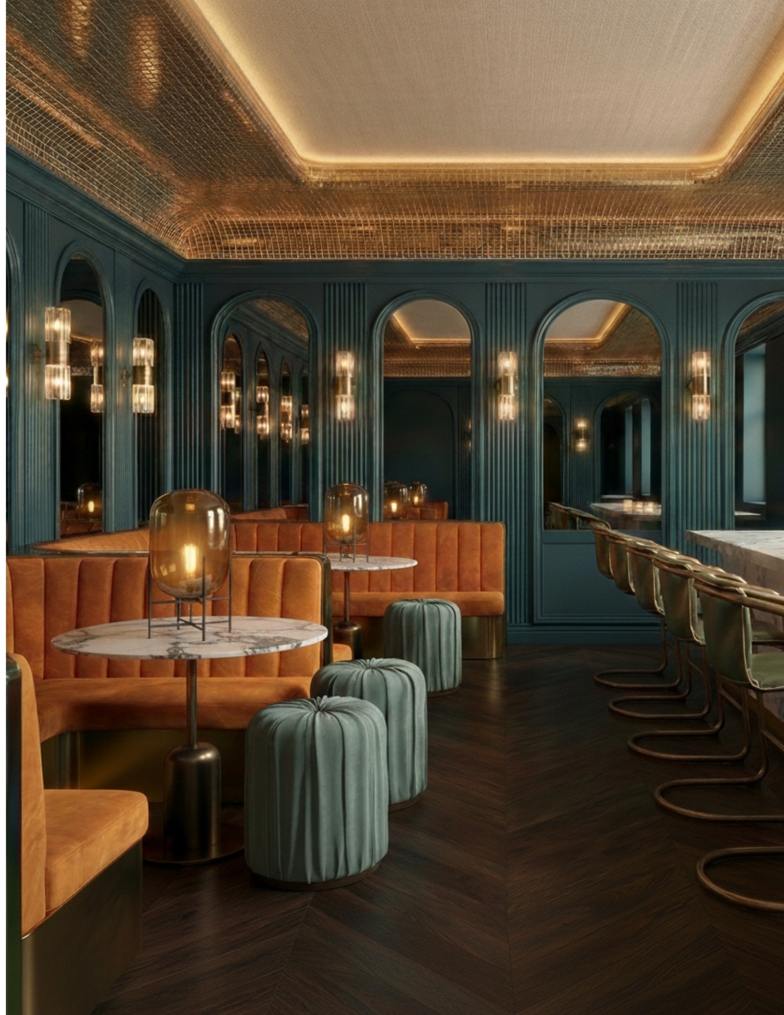 Elegant lounge with teal walls, gold accents, plush seating, and modern lighting fixtures.