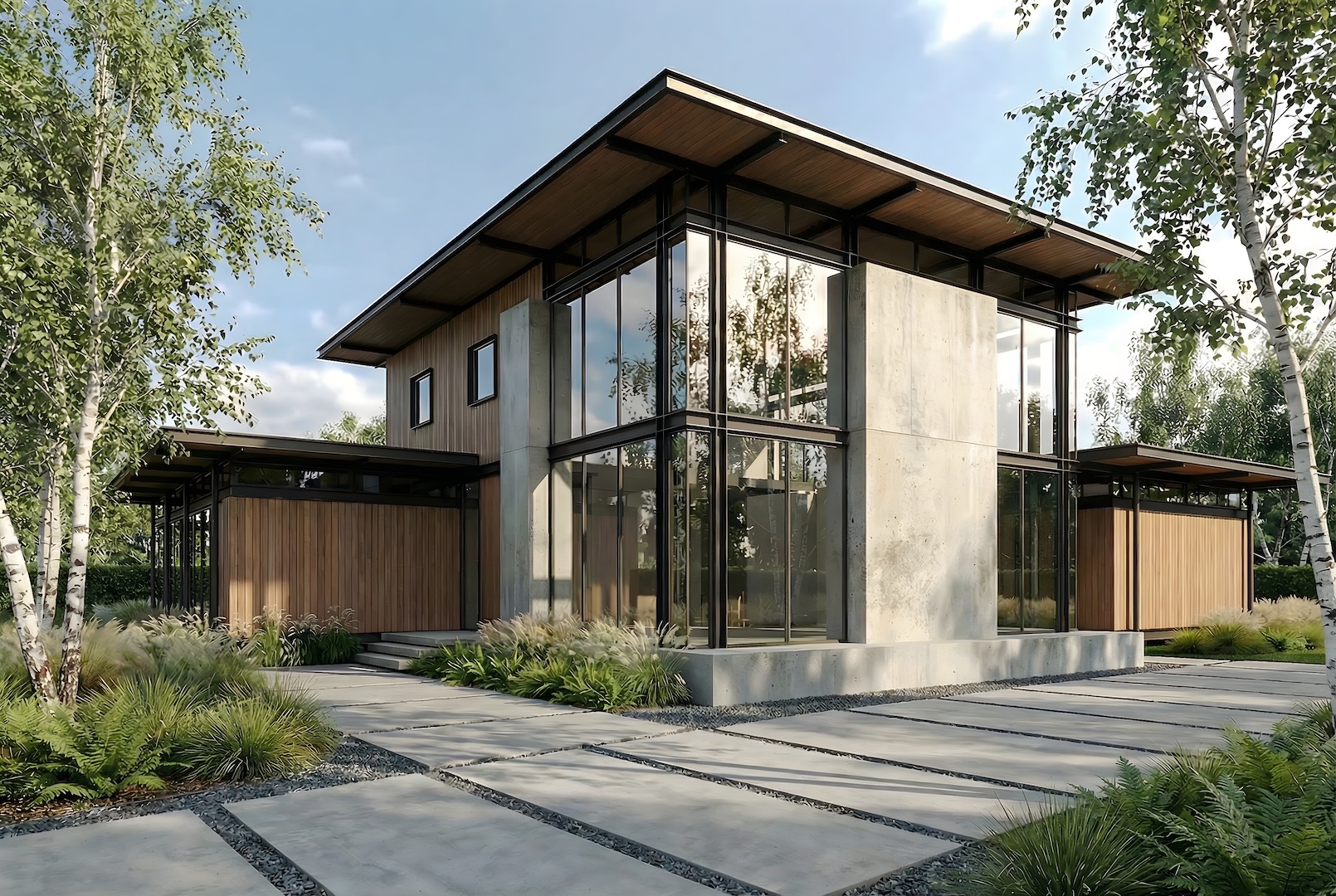 Modern house with large glass windows, flat roof, surrounded by trees and landscaped garden.
