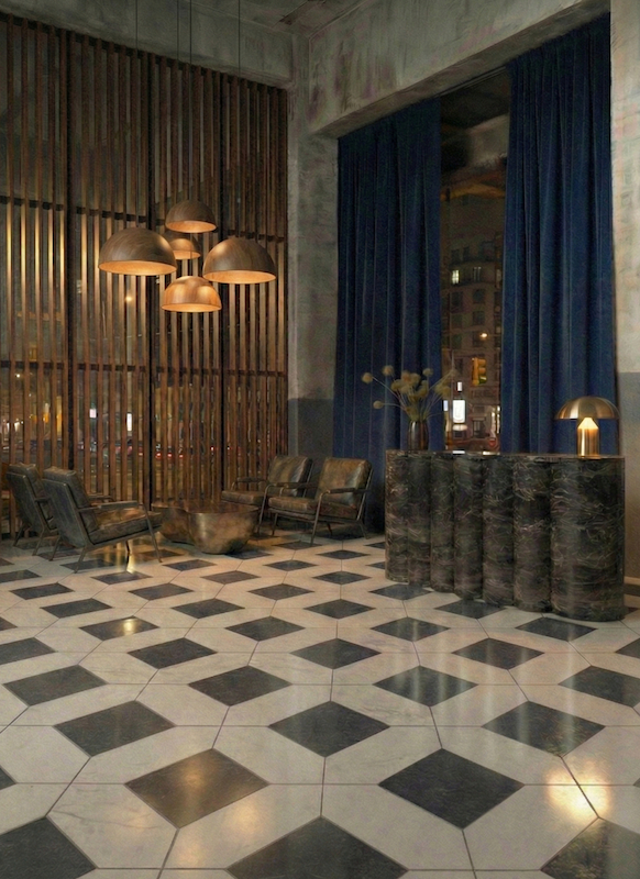 Interior space with checkered black and white floor, seating area, tall blue curtains, and hanging pendant lights.