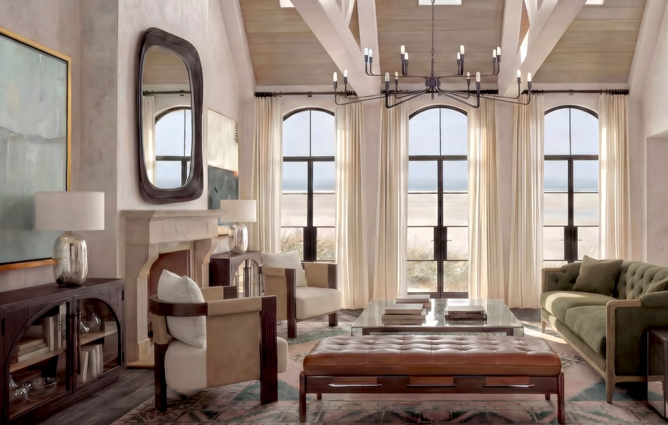 Living room with large windows, curtains, a chandelier, sofa, chairs, mirror, and decorative items.