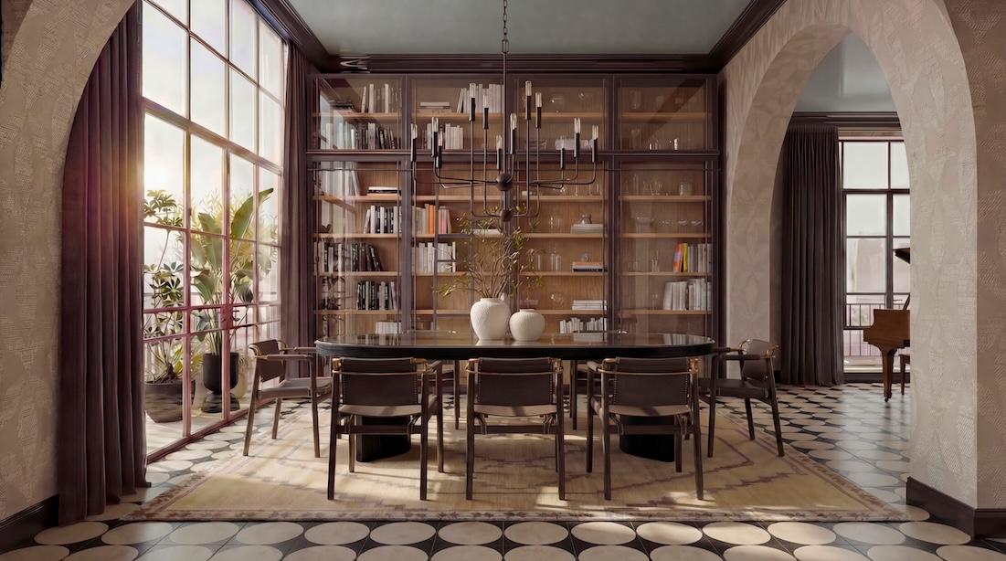 Elegant room with large window, wooden bookshelf, round table, and chairs, with sunlight streaming in and a view outside.