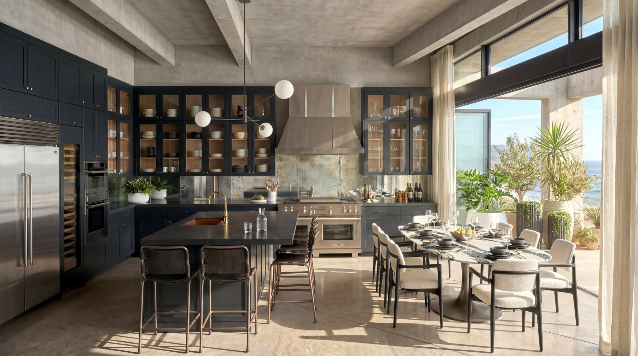 Modern kitchen with black cabinets, large window, dining table, and outdoor view with plants.