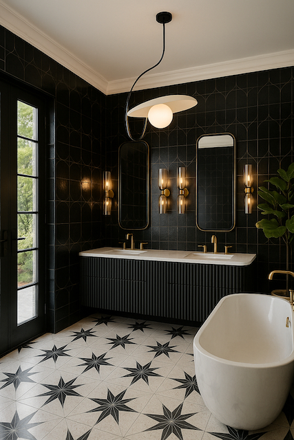 Bathroom with black tiled walls, white bathtub, two mirrors, and patterned floor tiles, illuminated by a ceiling light and wall sconces.